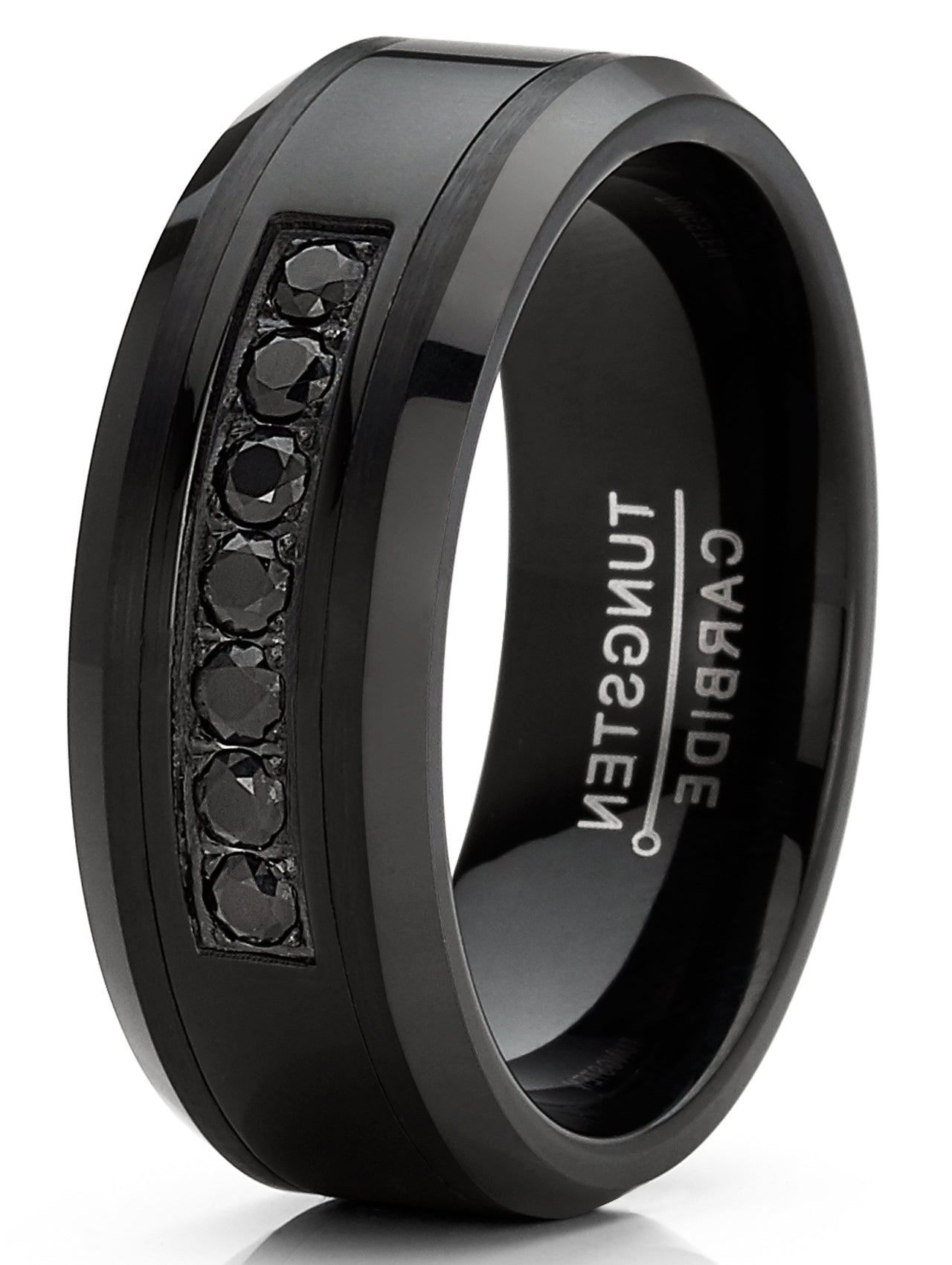 Mens 7 Round Cubic Zirconia Tungsten Ring Black Stainless Steel Wedding Band  8MM