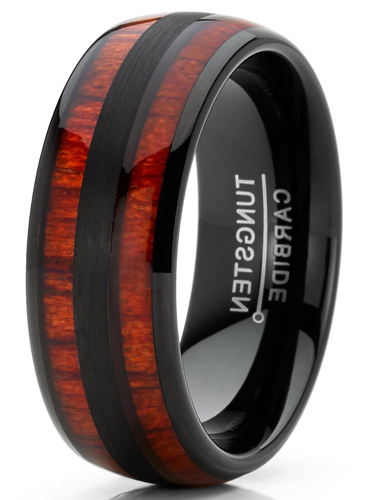 Men's Tungsten Carbide Ring Dome Real Koa Wood Inlay Wedding Band Brown Black 8MM