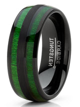 Men's Tungsten Carbide Ring Dome Green Jade Wood Inlay Wedding Band Black 8MM