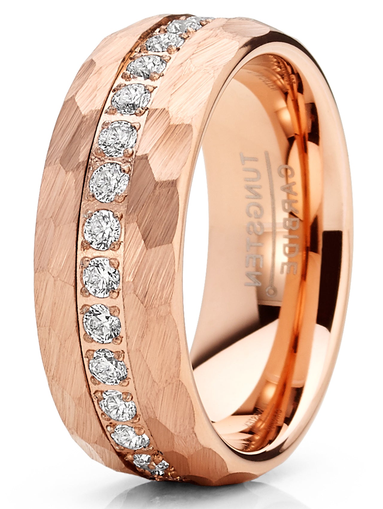 Men Tungsten Rose Goldtone Wedding Band Hammered Eternity Ring Cubic-Zirconia Comfort-Fit 8MM