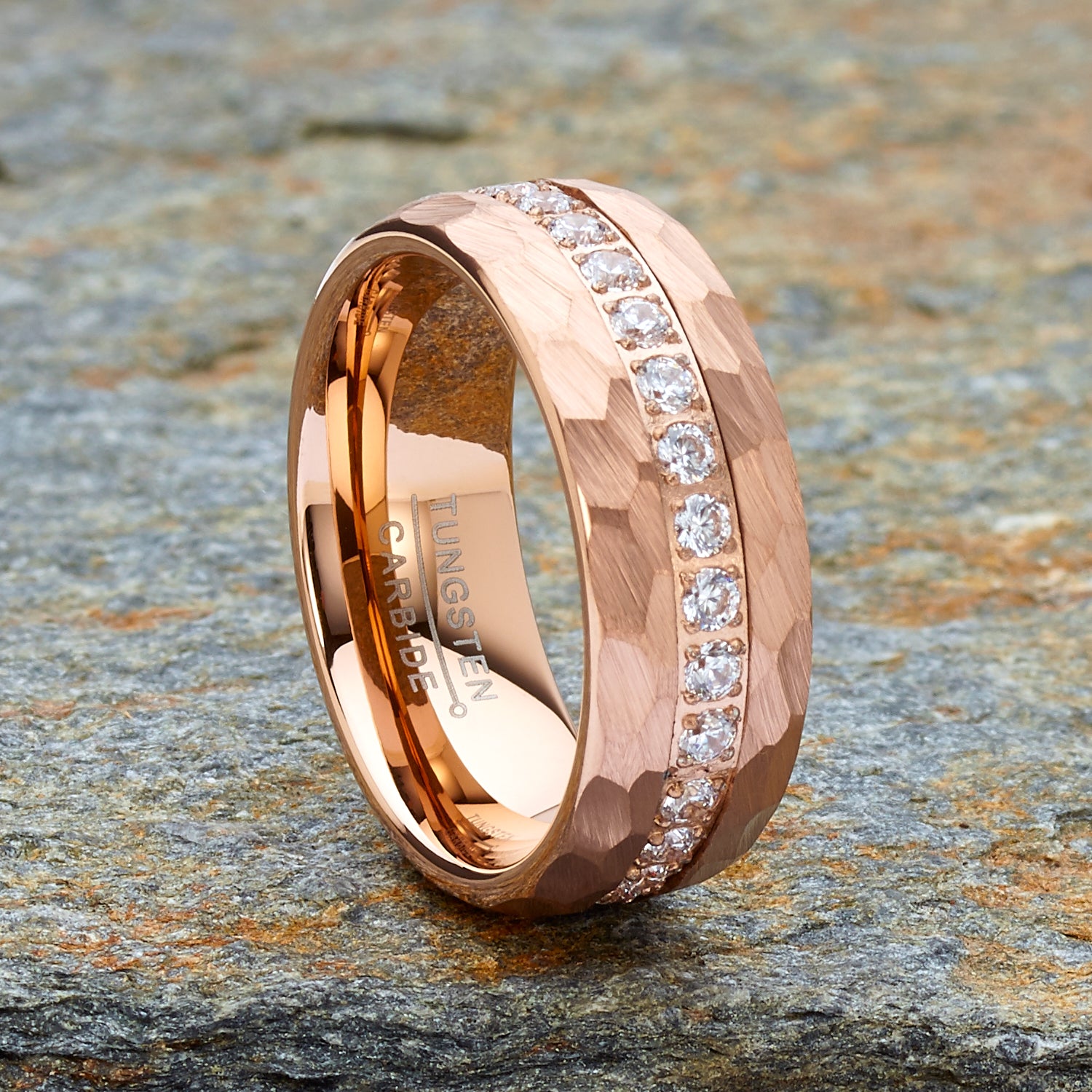 Men Tungsten Rose Goldtone Wedding Band Hammered Eternity Ring Cubic-Zirconia Comfort-Fit 8MM