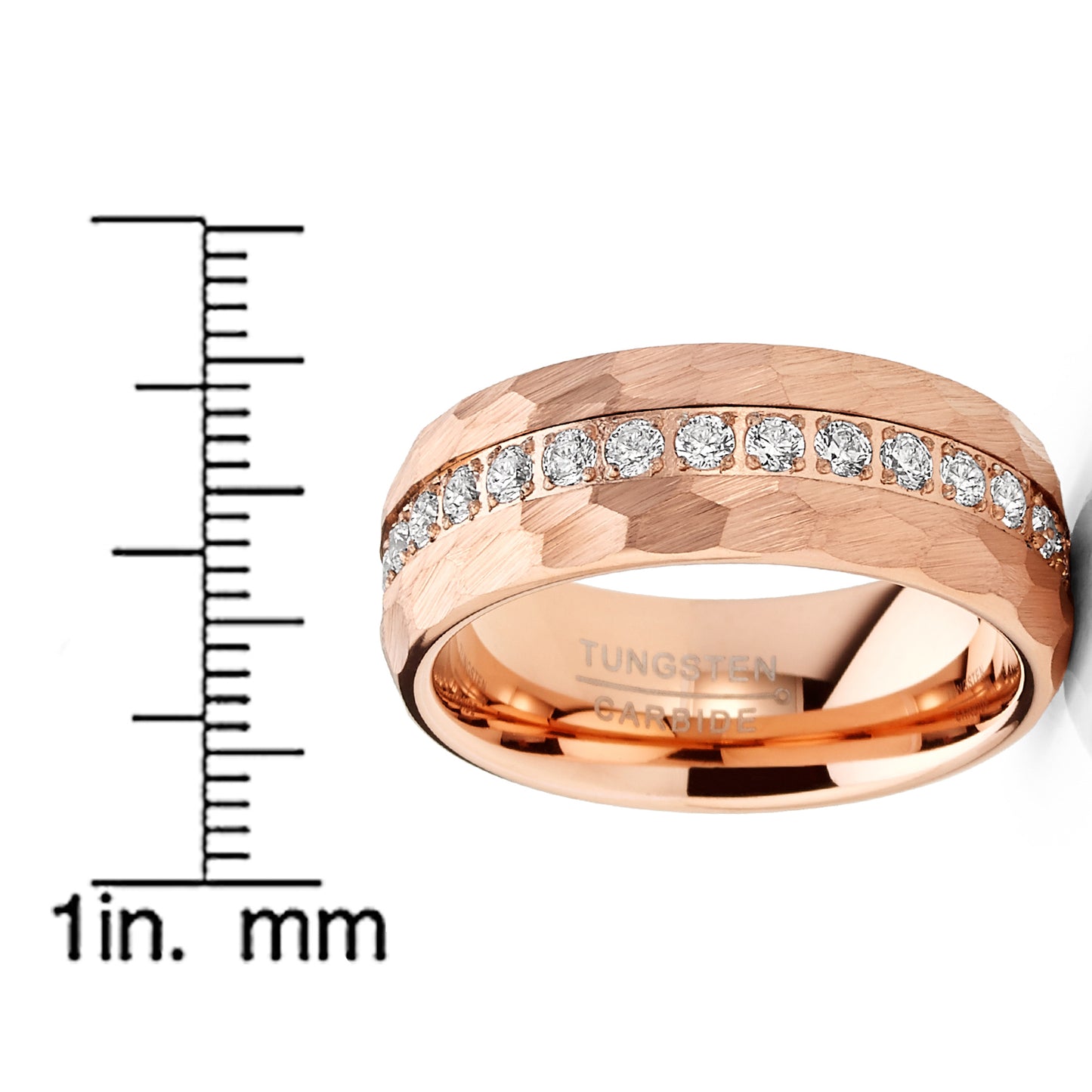 Men Tungsten Rose Goldtone Wedding Band Hammered Eternity Ring Cubic-Zirconia Comfort-Fit 8MM