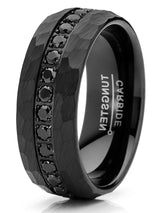 Men Tungsten Black Wedding Band Hammered Eternity Ring Cubic-Zirconia Comfort-Fit 8MM
