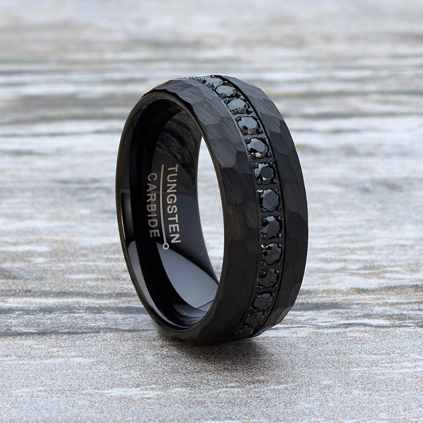 Men Tungsten Black Wedding Band Hammered Eternity Ring Cubic-Zirconia Comfort-Fit 8MM