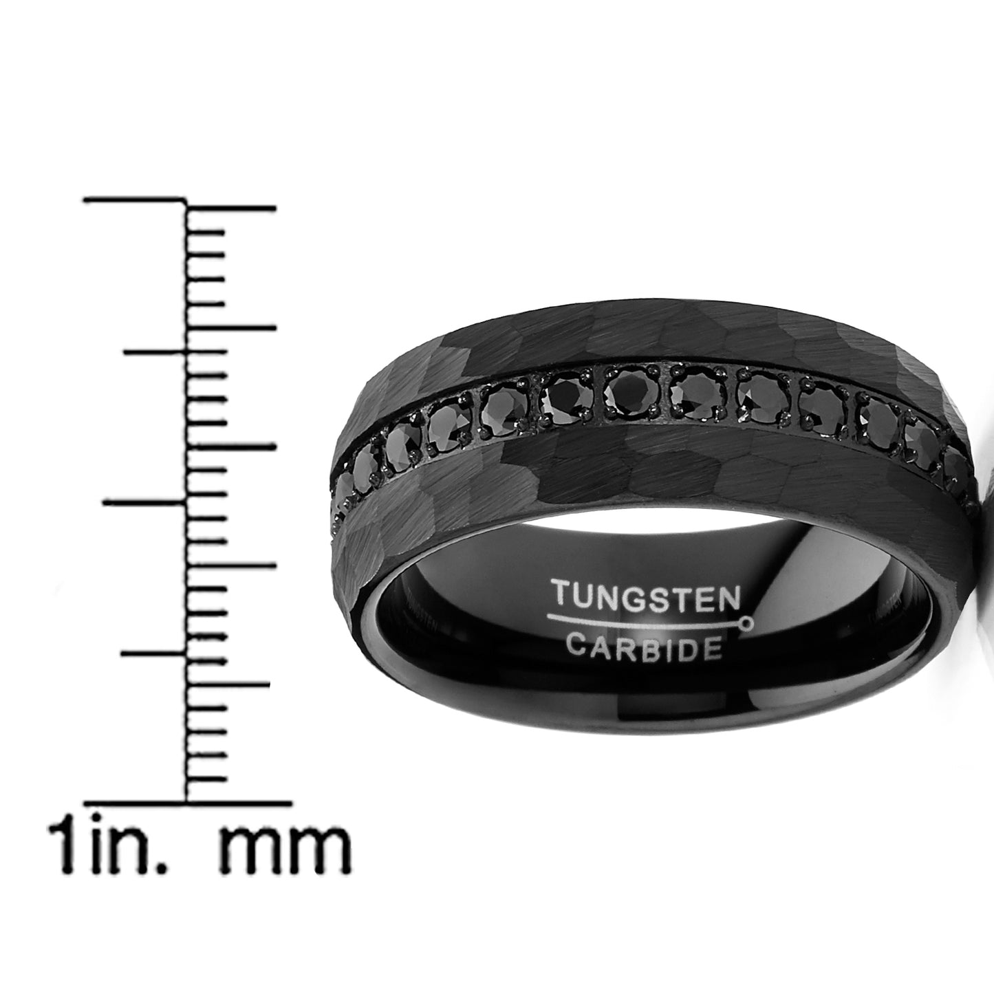 Men Tungsten Black Wedding Band Hammered Eternity Ring Cubic-Zirconia Comfort-Fit 8MM