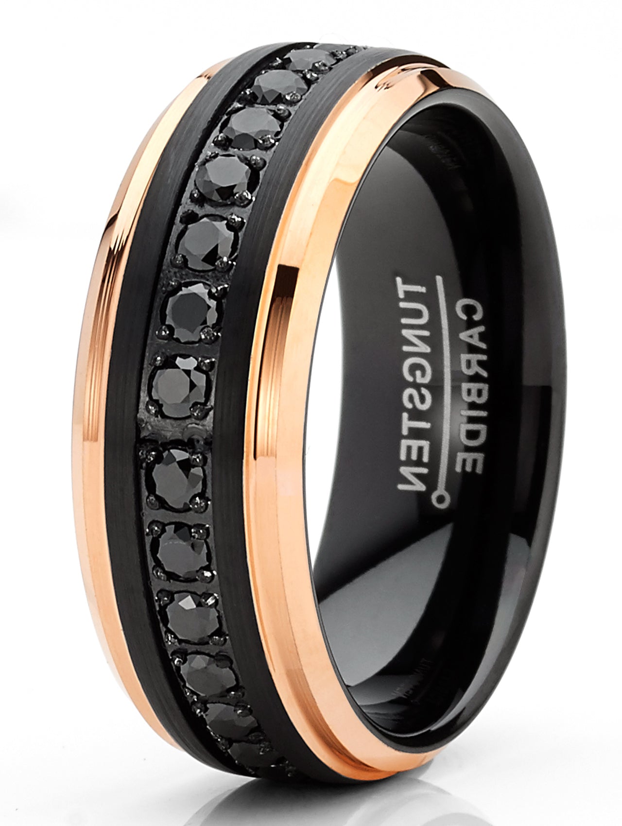 Men Tungsten Two-Tone Wedding Band Hammered Eternity Ring Cubic-Zirconia Comfort-Fit 8MM