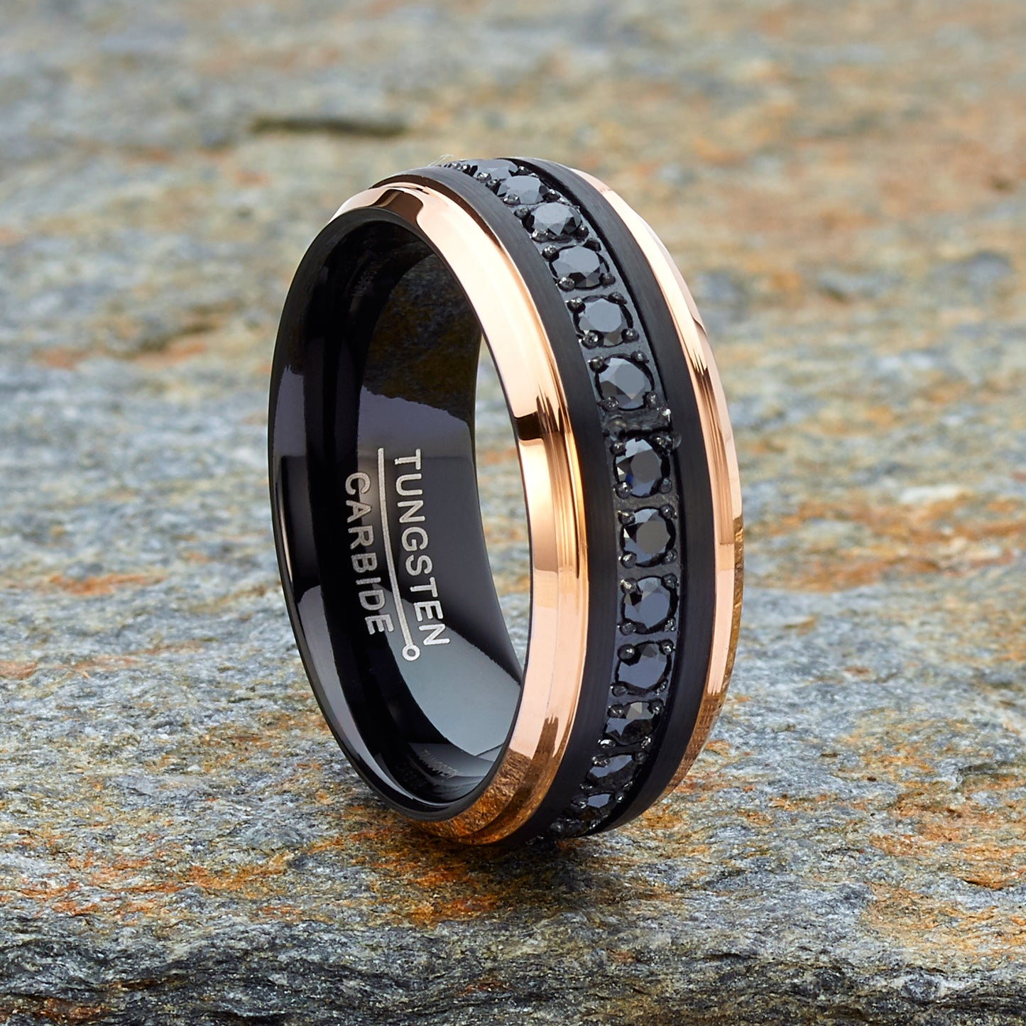 Men Tungsten Two-Tone Wedding Band Hammered Eternity Ring Cubic-Zirconia Comfort-Fit 8MM