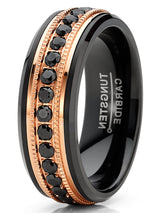 Men Tungsten Black & Rose Goldtone Wedding Band Hammered Eternity Ring Cubic-Zirconia Comfort-Fit 8MM