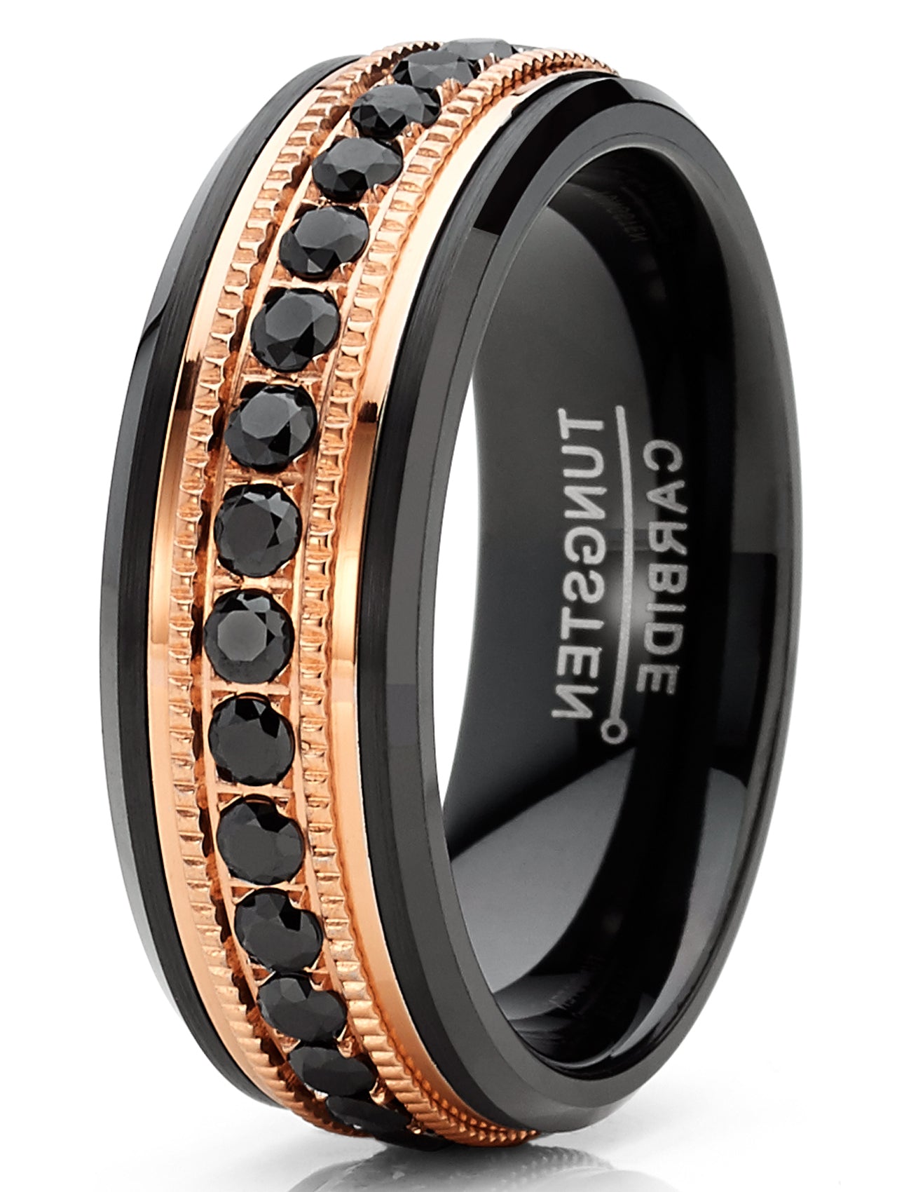 Men Tungsten Black & Rose Goldtone Wedding Band Hammered Eternity Ring Cubic-Zirconia Comfort-Fit 8MM