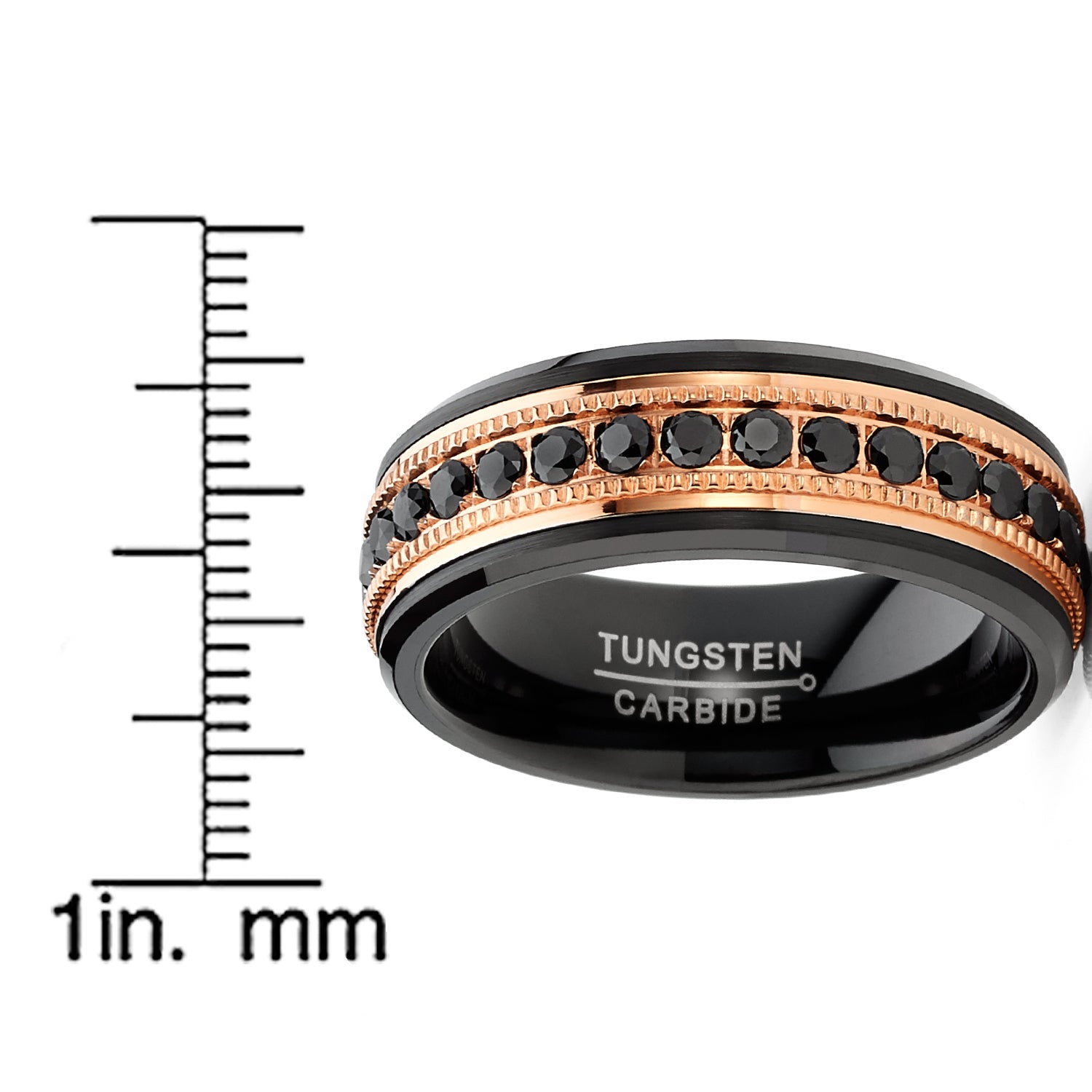 Men Tungsten Black & Rose Goldtone Wedding Band Hammered Eternity Ring Cubic-Zirconia Comfort-Fit 8MM