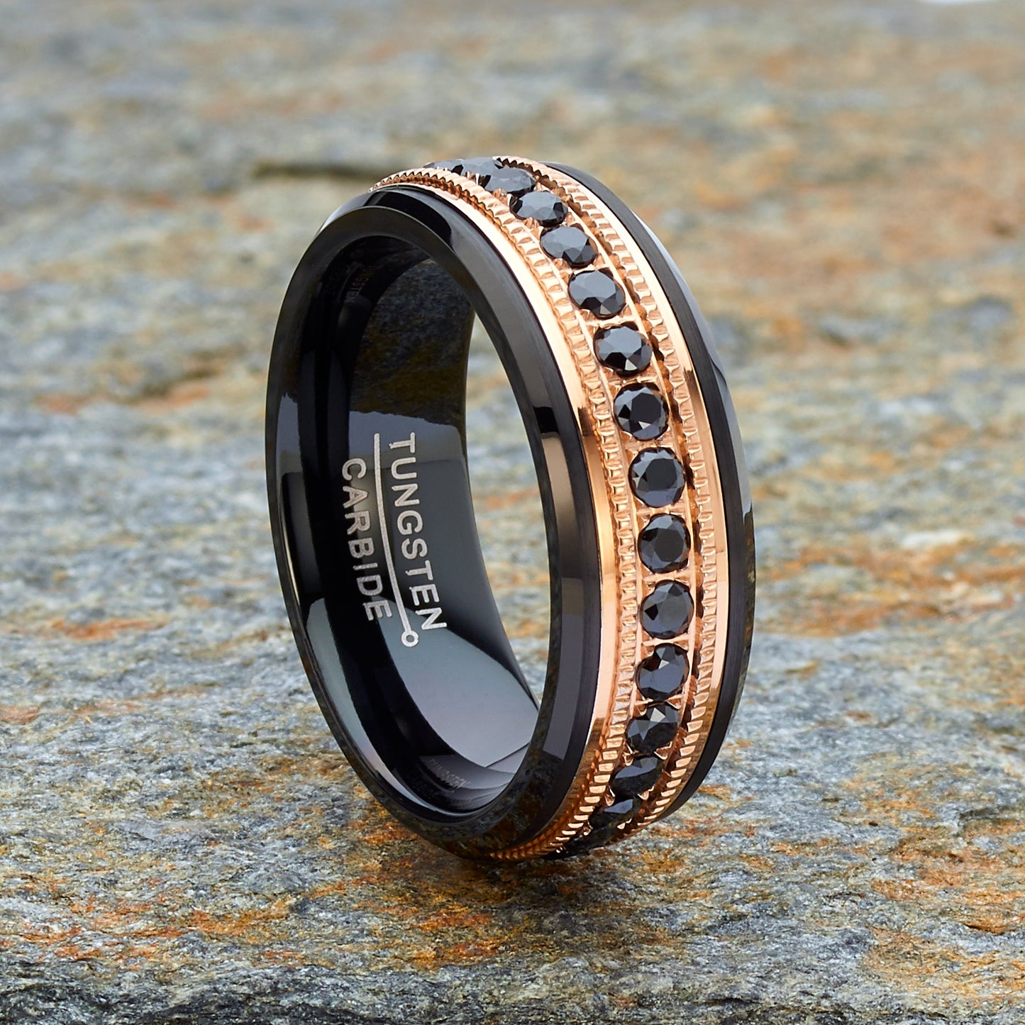 Men Tungsten Black & Rose Goldtone Wedding Band Hammered Eternity Ring Cubic-Zirconia Comfort-Fit 8MM
