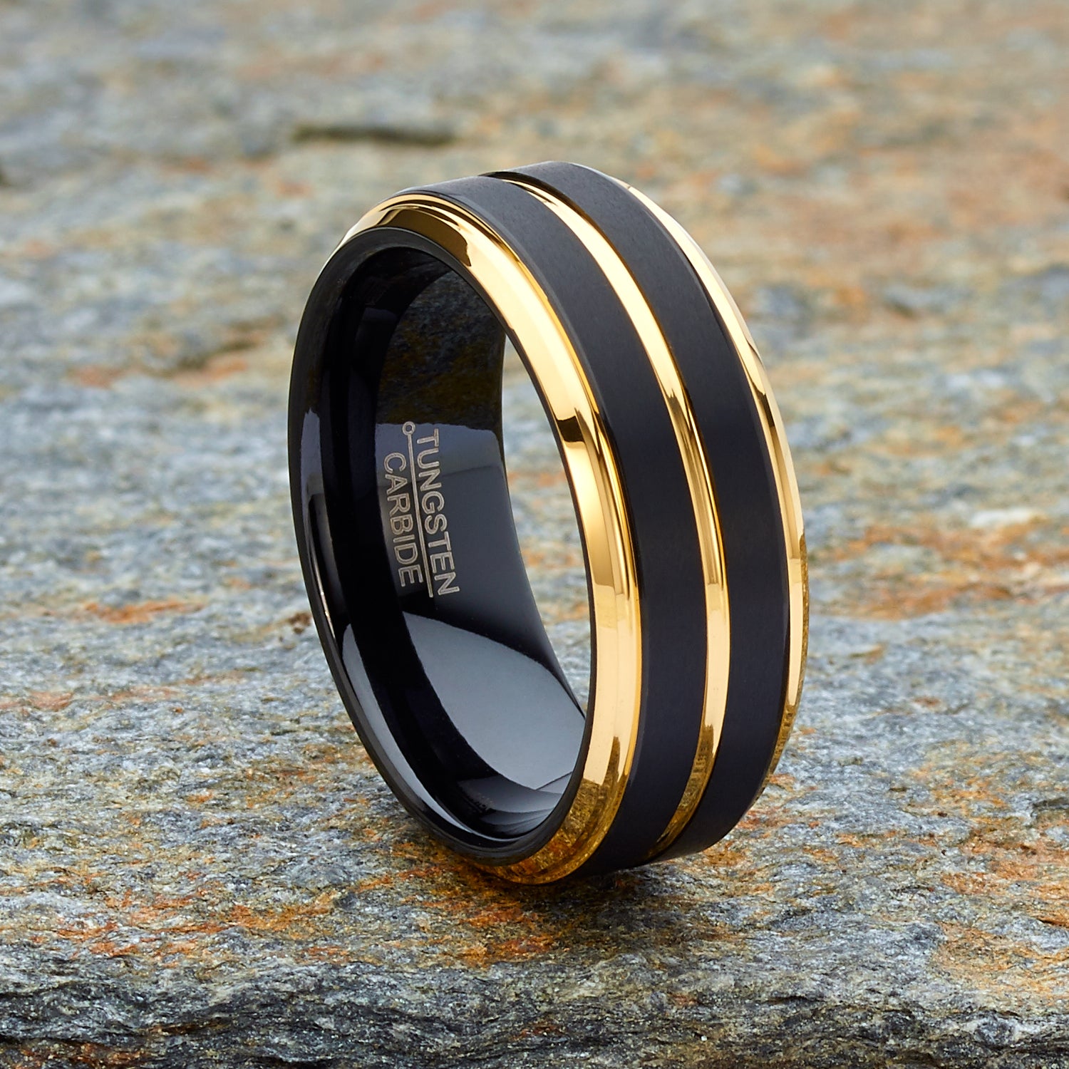 Men Tungsten Two-Tone Wedding Band Grooved Ring 8MM Black Matte Goldtone Silvertone
