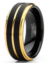 Men Tungsten Two-Tone Wedding Band Grooved Ring 8MM Black Matte Goldtone Silvertone