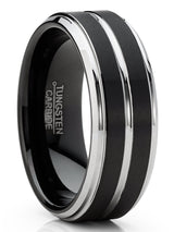 Men Tungsten Two-Tone Wedding Band Grooved Ring 8MM Black Matte Goldtone Silvertone