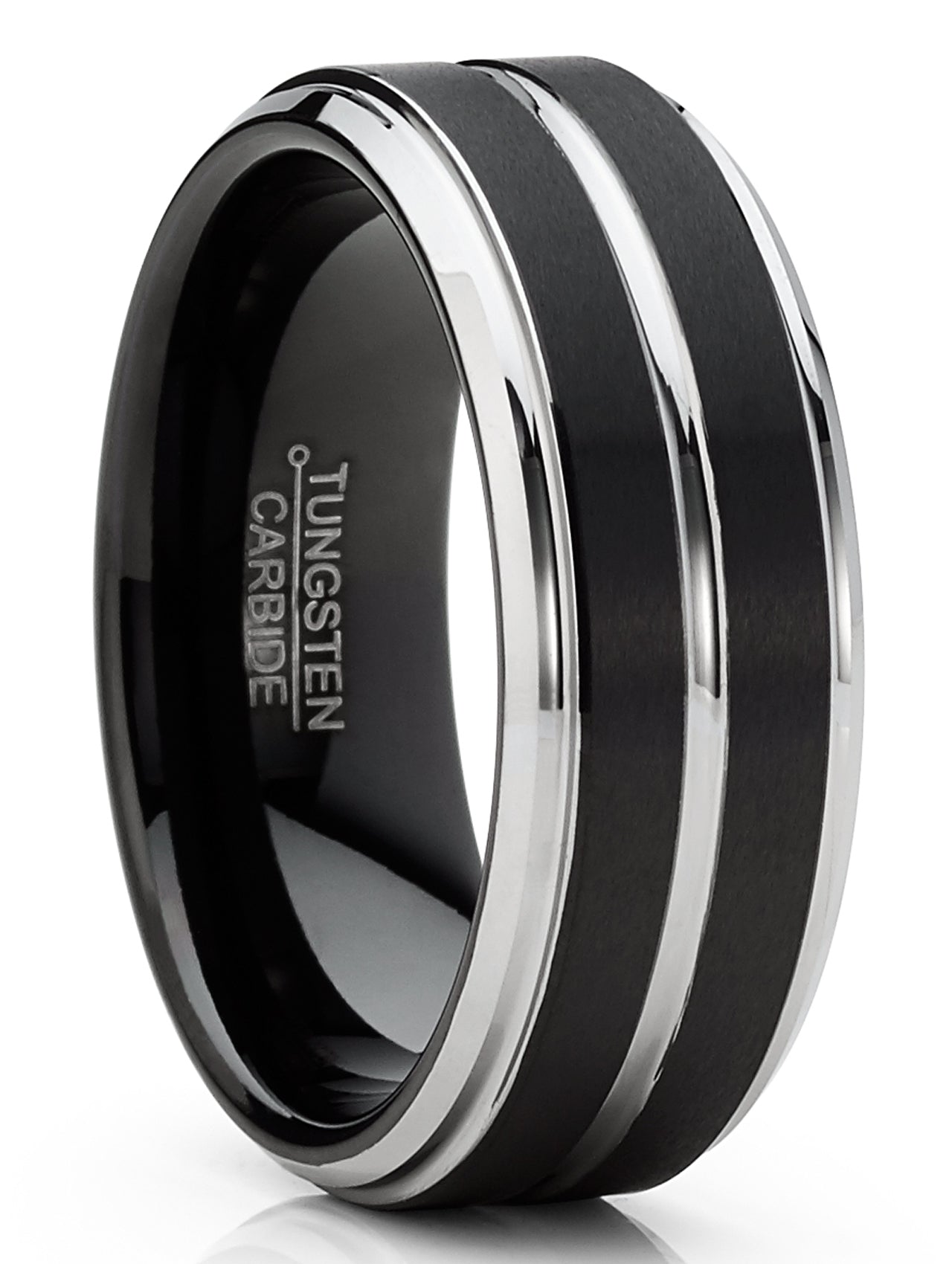 Men Tungsten Two-Tone Wedding Band Grooved Ring 8MM Black Matte Goldtone Silvertone