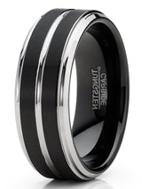 Men Tungsten Two-Tone Wedding Band Grooved Ring 8MM Black Matte Goldtone Silvertone