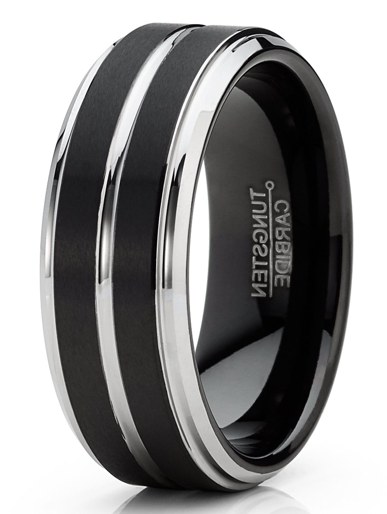 Men Tungsten Two-Tone Wedding Band Grooved Ring 8MM Black Matte Goldtone Silvertone