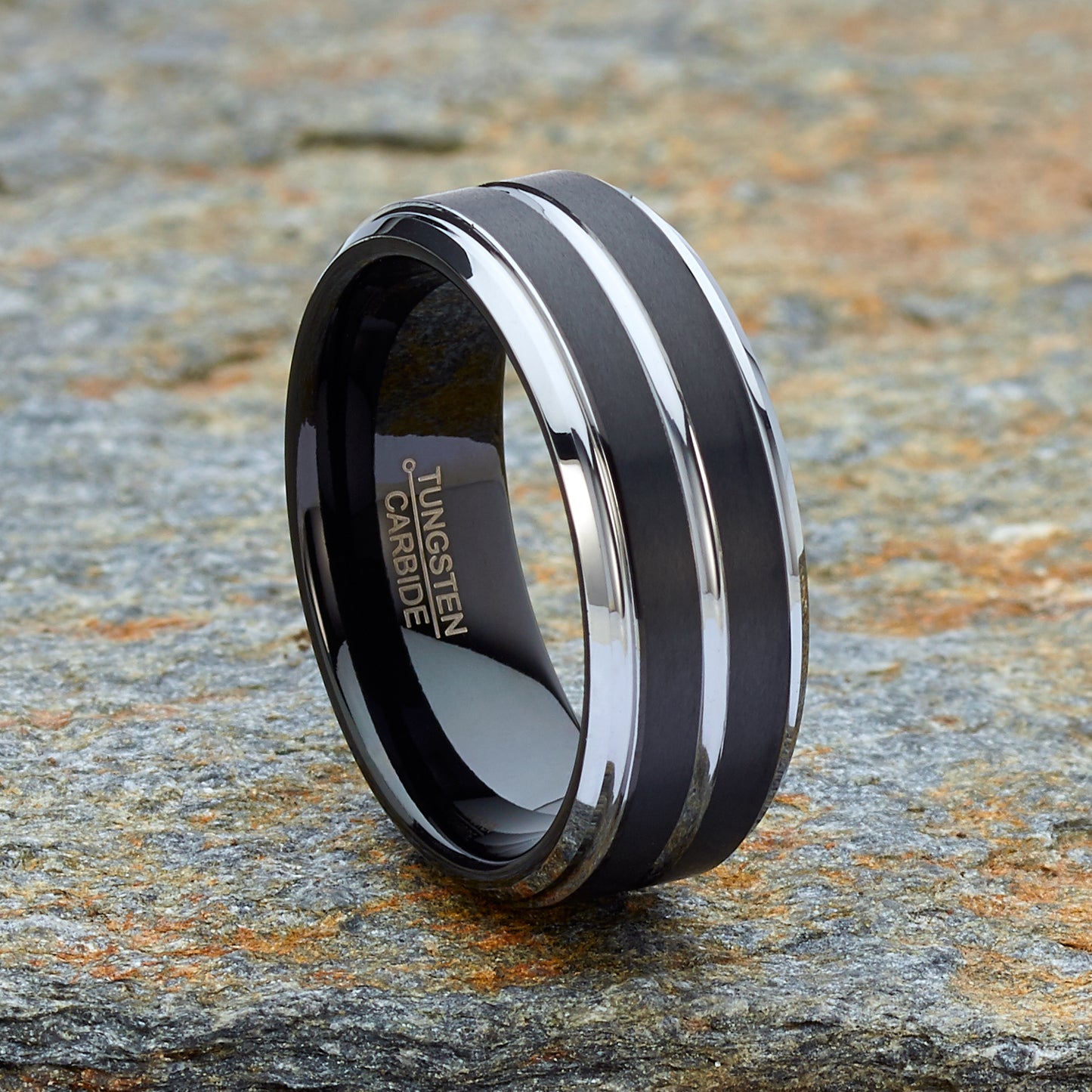 Men Tungsten Two-Tone Wedding Band Grooved Ring 8MM Black Matte Goldtone Silvertone