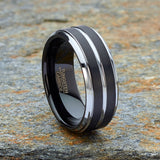 Men Tungsten Two-Tone Wedding Band Grooved Ring 8MM Black Matte Goldtone Silvertone