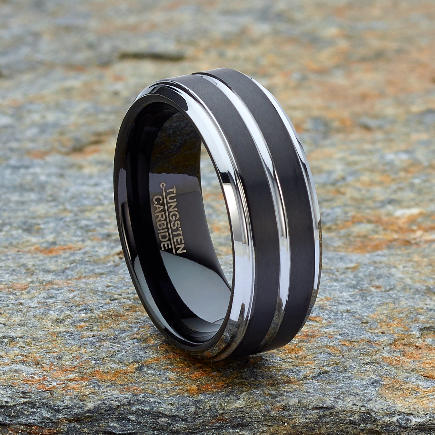 Men Tungsten Two-Tone Wedding Band Grooved Ring 8MM Black Matte Goldtone Silvertone