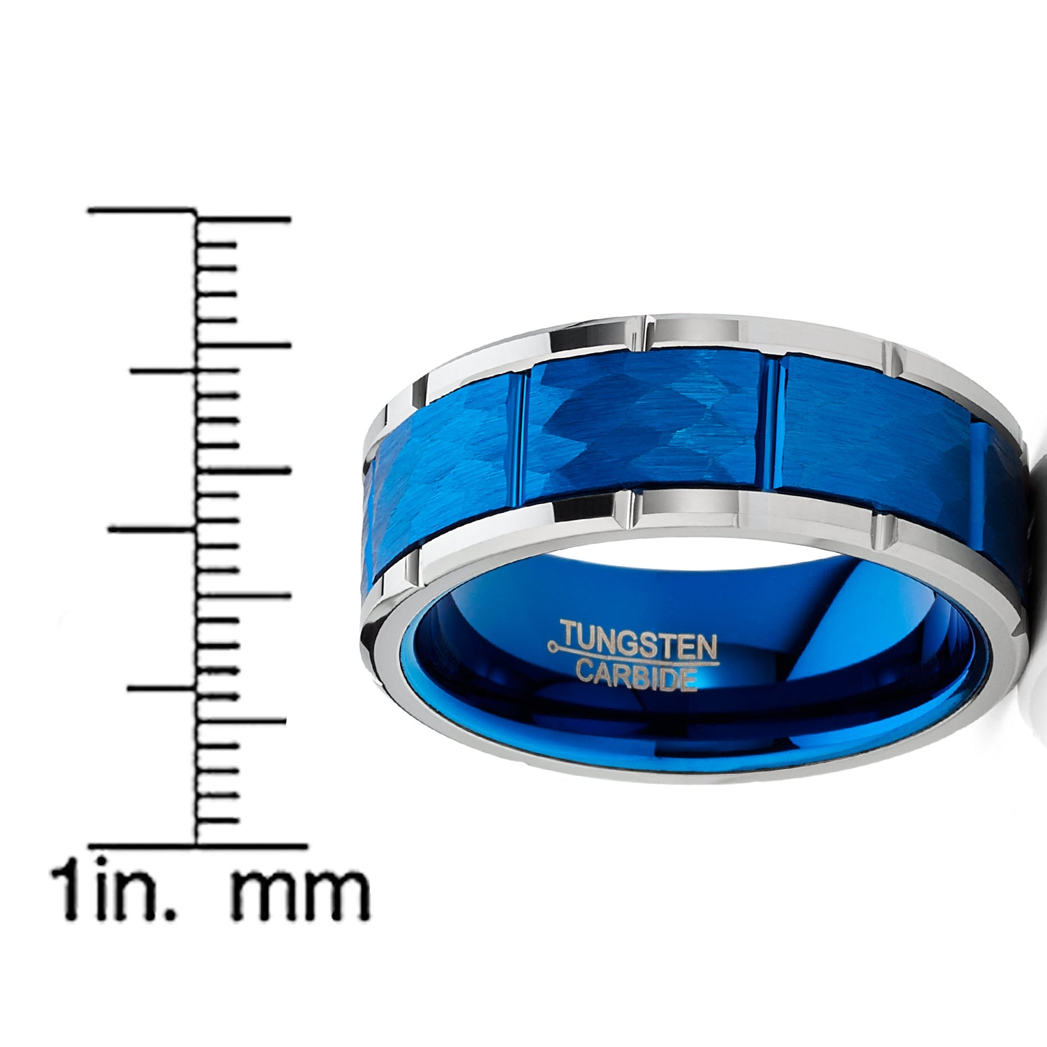 Men Tungsten Blue Wedding Band Hammered Ring Comfort-Fit 8MM Silvertone