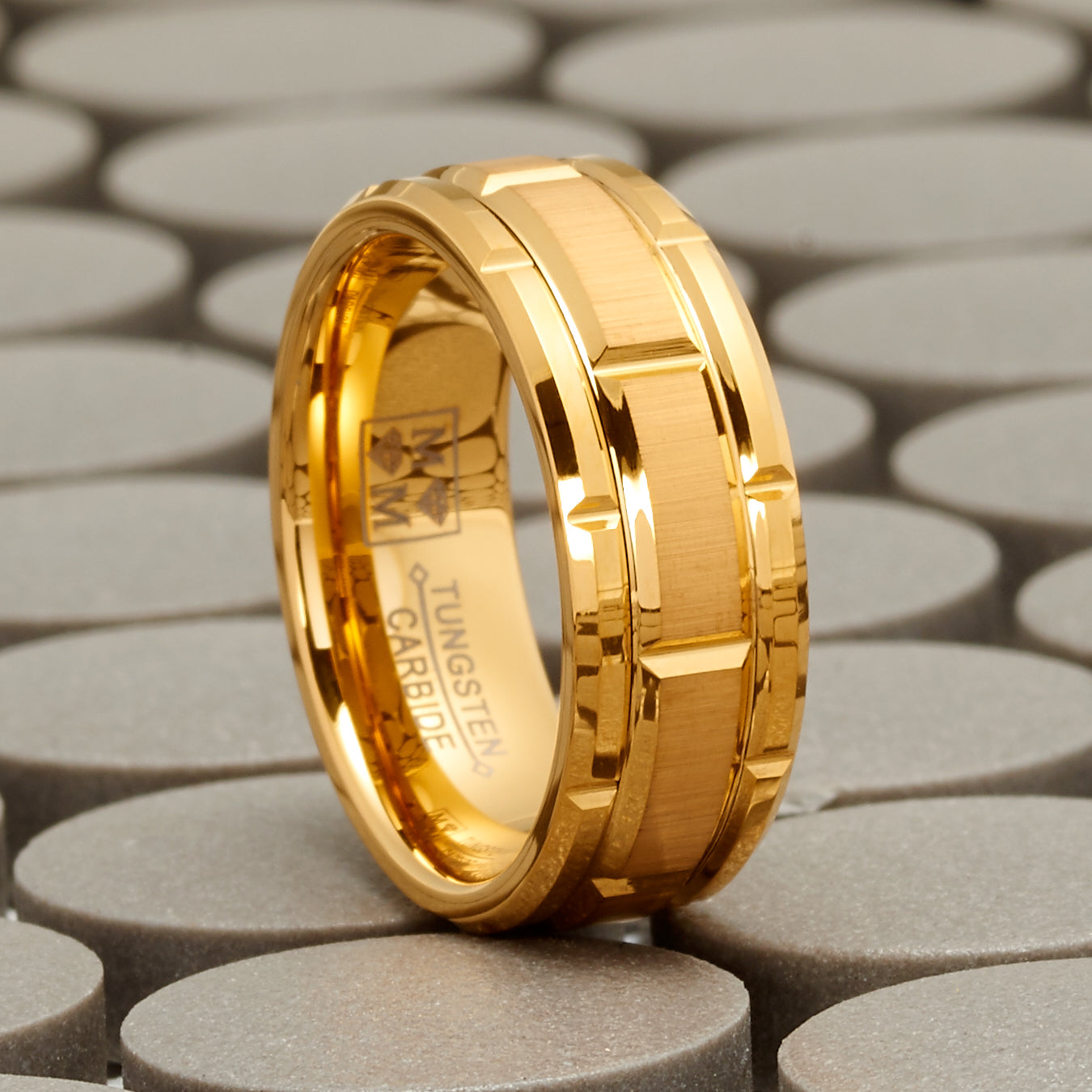Tungsten Carbide Brick Pattern Wedding Band Engagement Ring 8MM Comfort-Fit Goldtone