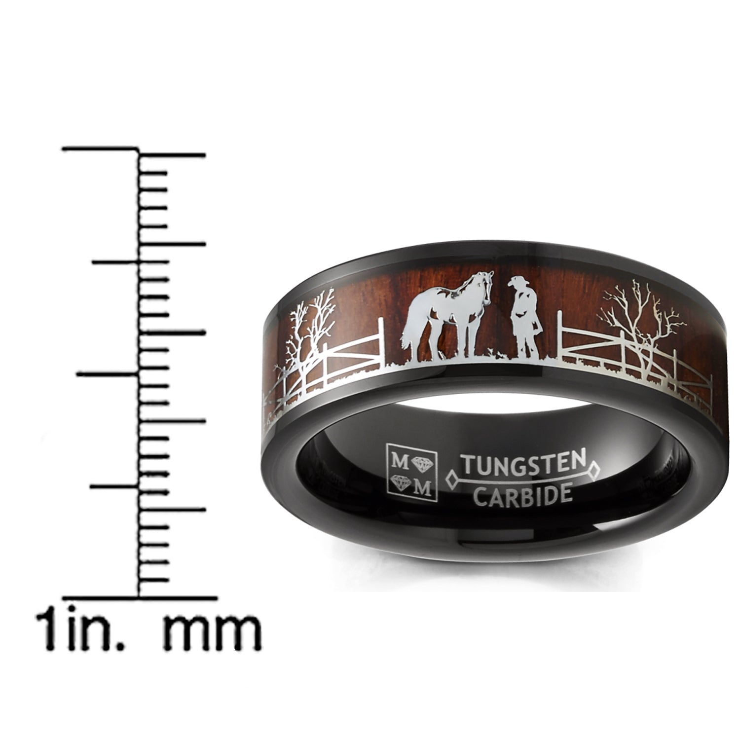 Black Tungsten Horse Equestrian Ring Wedding Band Wood Inlay Stallion
