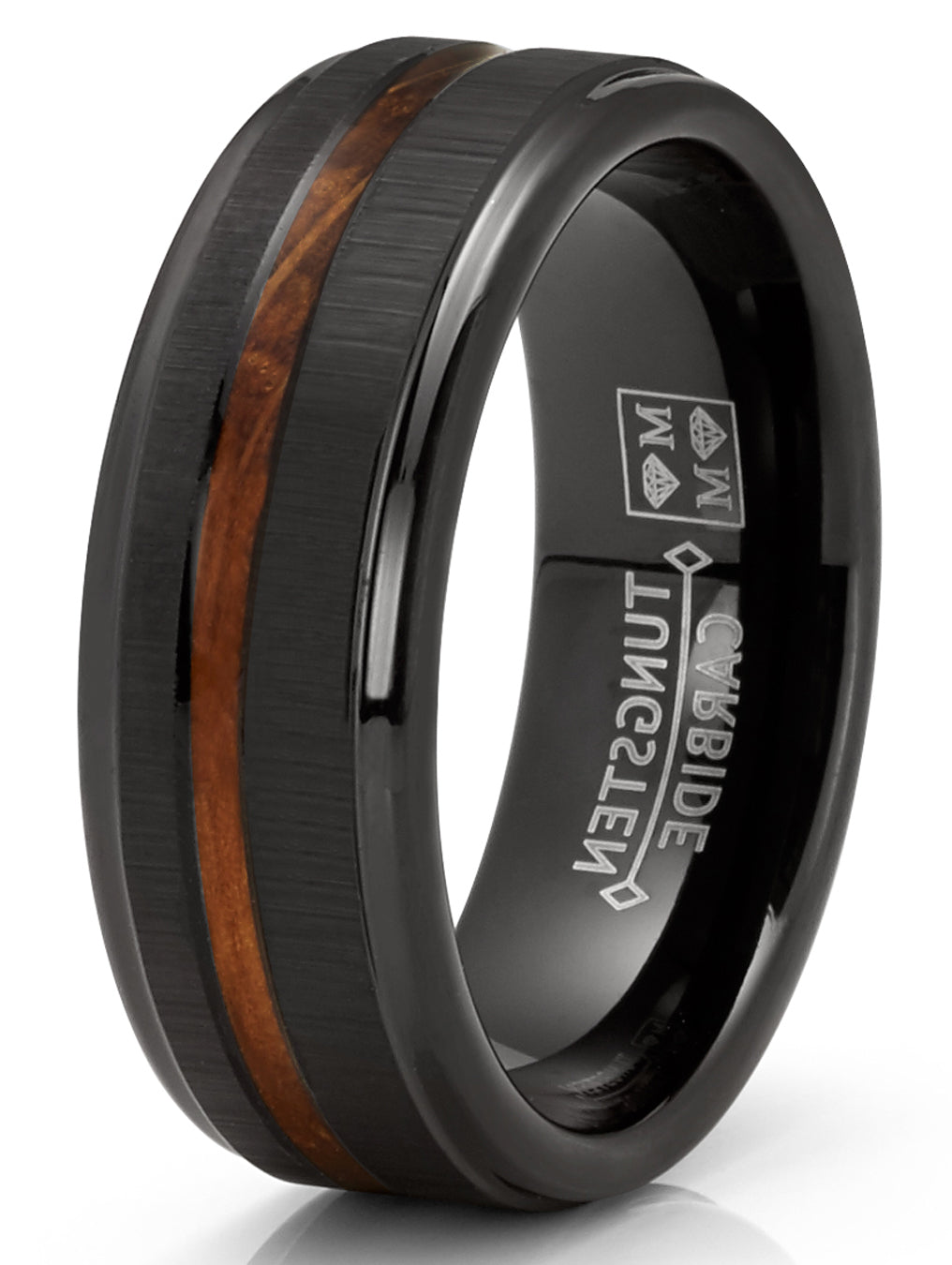 Mens Whiskey Barrel Oakwood Horizontal Brushed Tungsten Carbide Ring Wedding Band Black Inlay 8MM