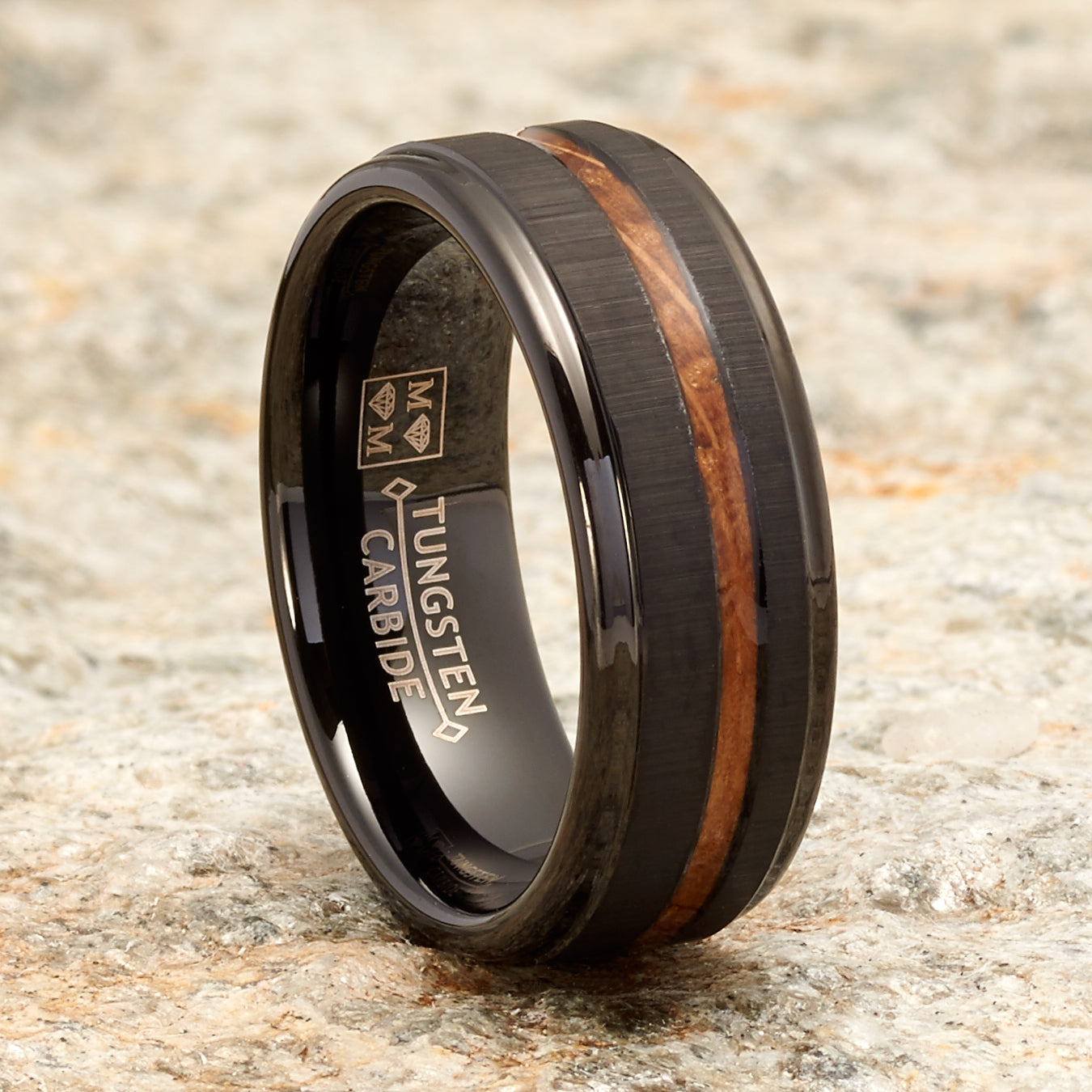Mens Whiskey Barrel Oakwood Horizontal Brushed Tungsten Carbide Ring Wedding Band Black Inlay 8MM