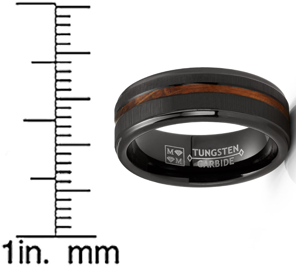 Mens Whiskey Barrel Oakwood Horizontal Brushed Tungsten Carbide Ring Wedding Band Black Inlay 8MM