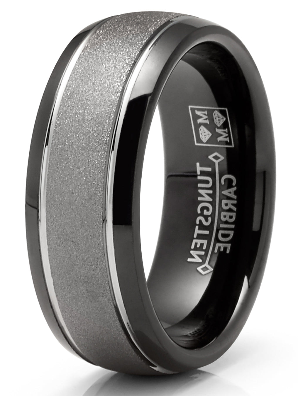 Mens Two-Tone Sandlasted Tungsten Carbide Ring Dome Wedding Band Black Inlay 8MM