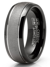 Mens Two-Tone Sandlasted Tungsten Carbide Ring Dome Wedding Band Black Inlay 8MM