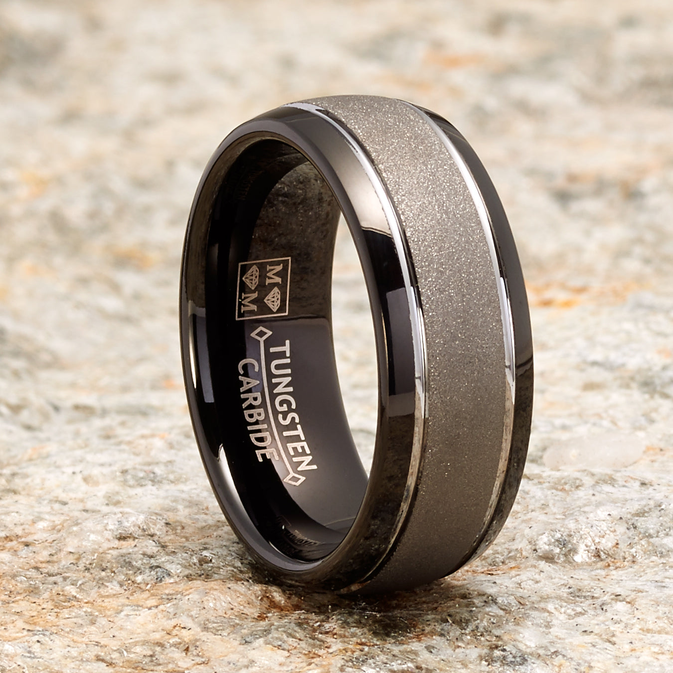Mens Two-Tone Sandlasted Tungsten Carbide Ring Dome Wedding Band Black Inlay 8MM