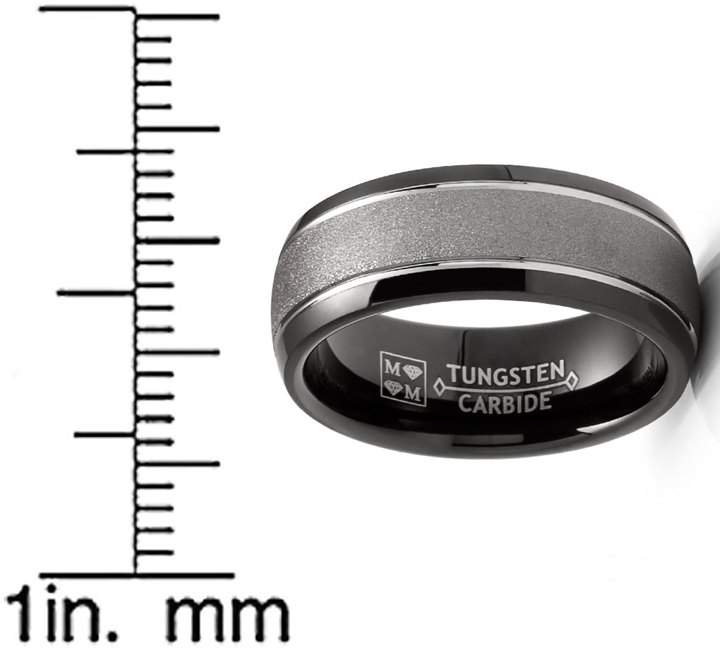 Mens Two-Tone Sandlasted Tungsten Carbide Ring Dome Wedding Band Black Inlay 8MM