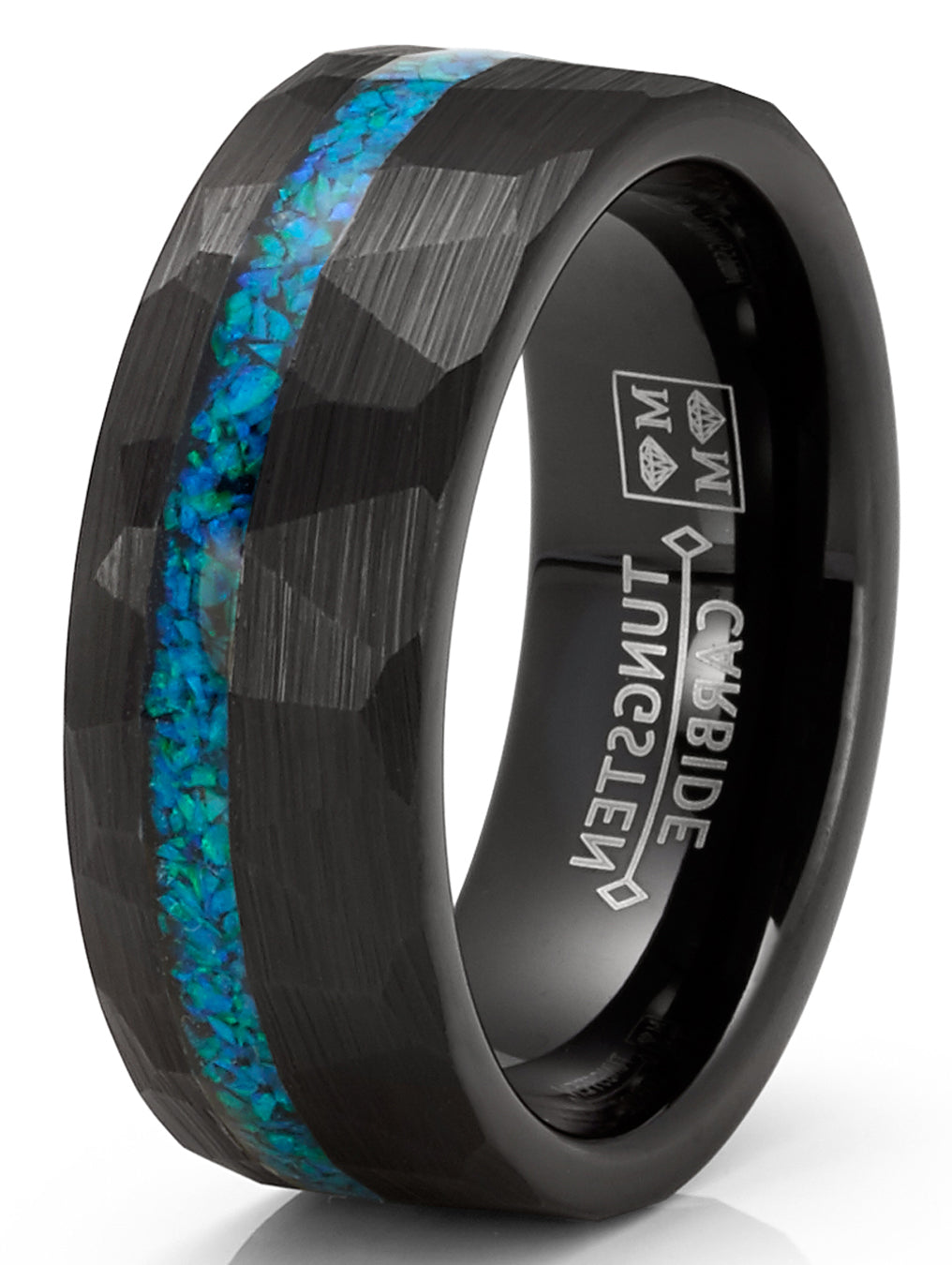 Mens Crushed Opal Tungsten Carbide Ring Dome Wedding Band Simulated Black Inlay 8MM