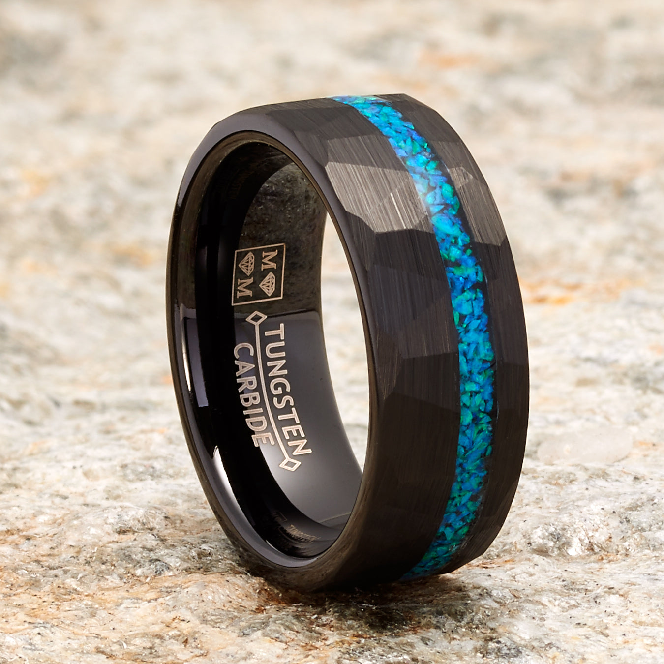 Mens Crushed Opal Tungsten Carbide Ring Dome Wedding Band Simulated Black Inlay 8MM
