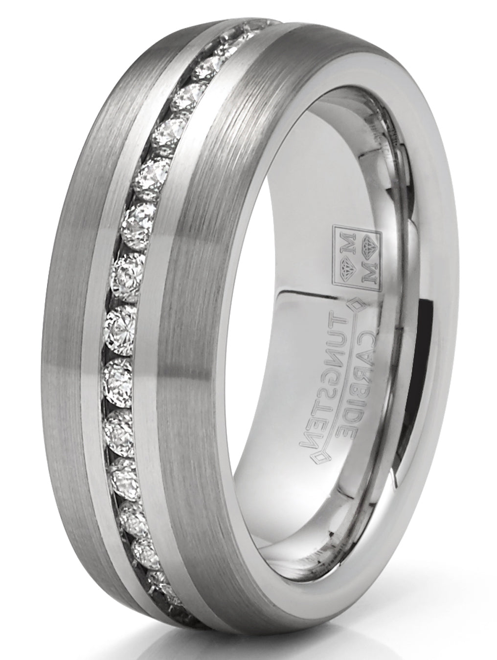 Mens Tungsten Carbide Ring Eternity Wedding Band Dome Brushed CZ 8MM