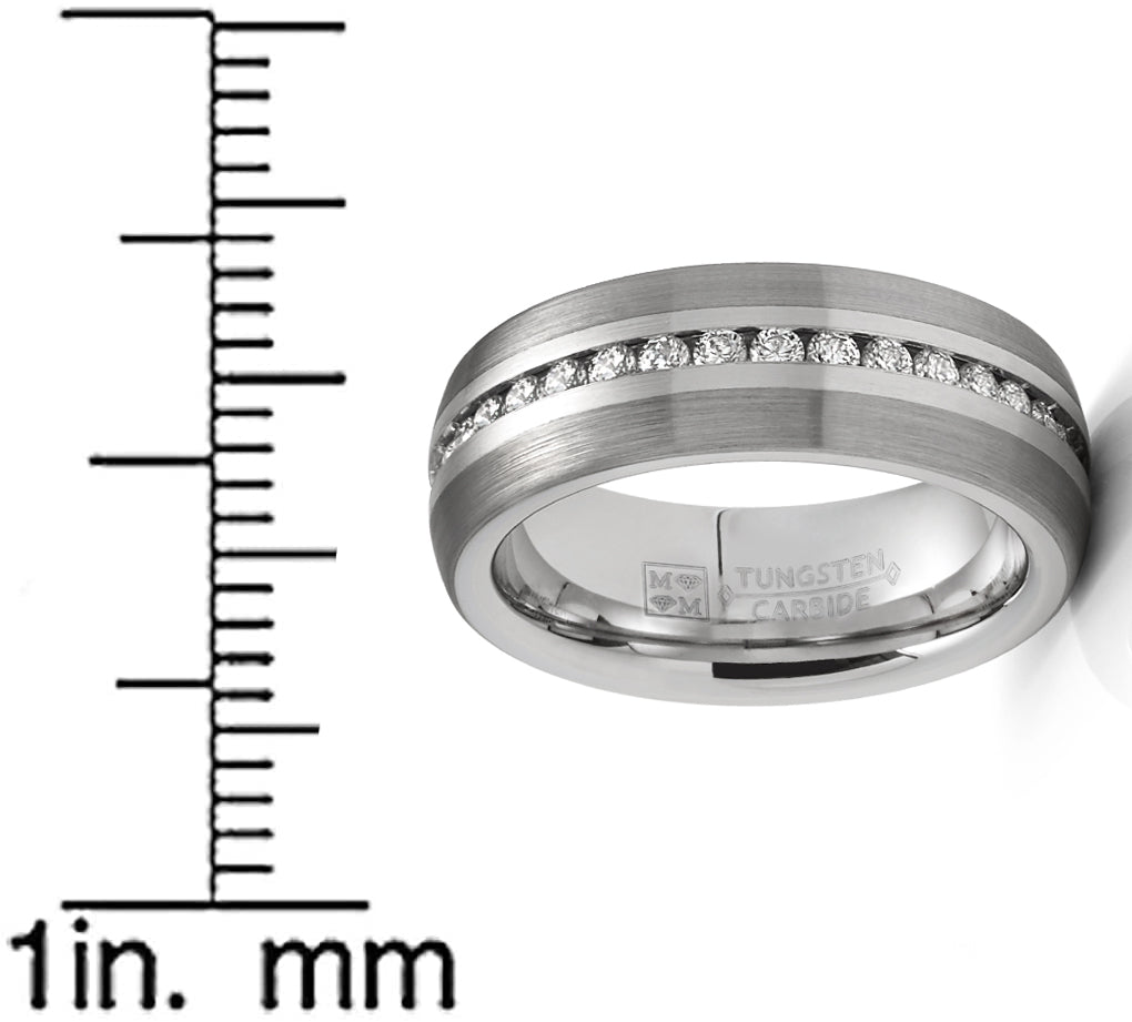 Mens Tungsten Carbide Ring Eternity Wedding Band Dome Brushed CZ 8MM
