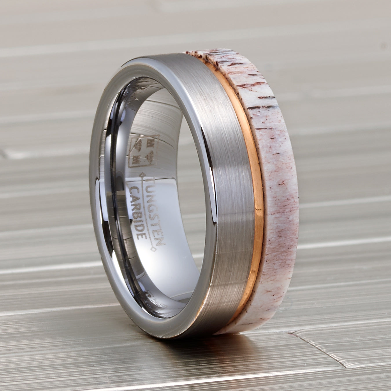 Mens Deer Antler Tungsten Carbide Ring Rose Goldtone Groove Wedding Band 8MM