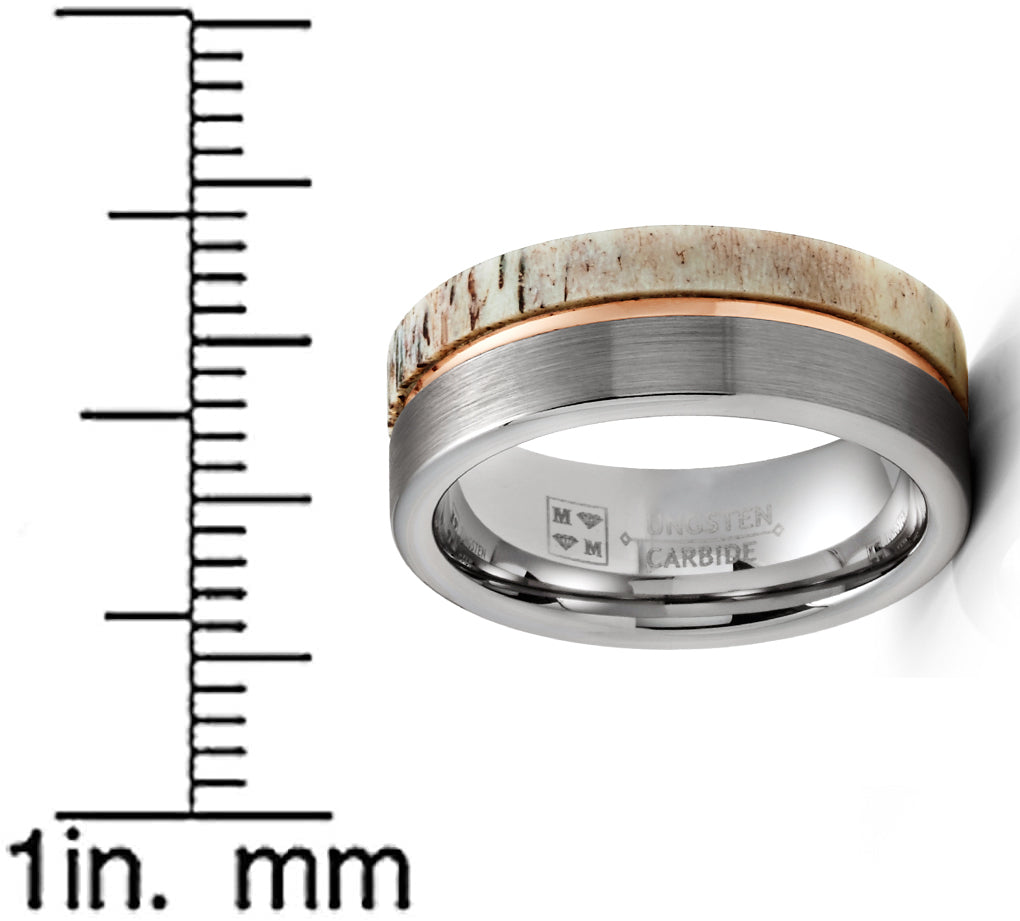 Mens Deer Antler Tungsten Carbide Ring Rose Goldtone Groove Wedding Band 8MM