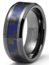 Mens Gunmetal Tungsten Carbide Ring Black Blue Carbon Fiber Inlay Wedding Band 8MM