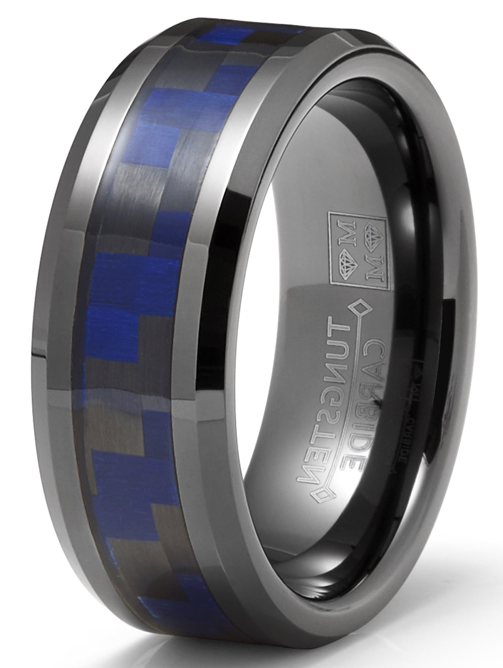 Mens Gunmetal Tungsten Carbide Ring Black Blue Carbon Fiber Inlay Wedding Band 8MM