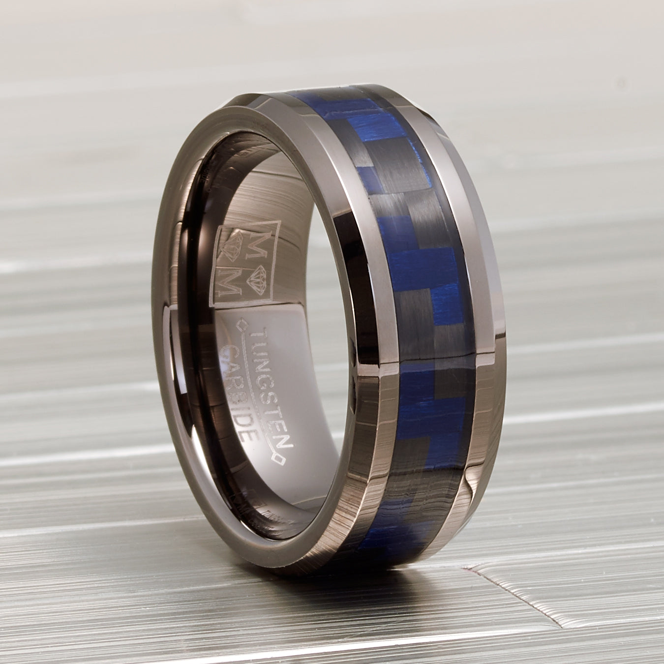 Mens Gunmetal Tungsten Carbide Ring Black Blue Carbon Fiber Inlay Wedding Band 8MM