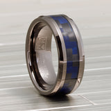 Mens Gunmetal Tungsten Carbide Ring Black Blue Carbon Fiber Inlay Wedding Band 8MM