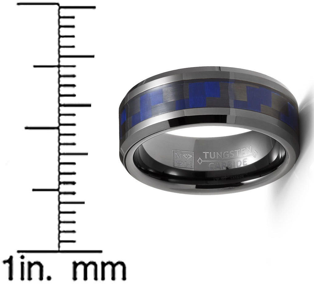 Mens Gunmetal Tungsten Carbide Ring Black Blue Carbon Fiber Inlay Wedding Band 8MM