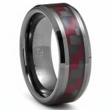 Mens Gunmetal Tungsten Carbide Ring Black Red Carbon Fiber Inlay Wedding Band 8MM