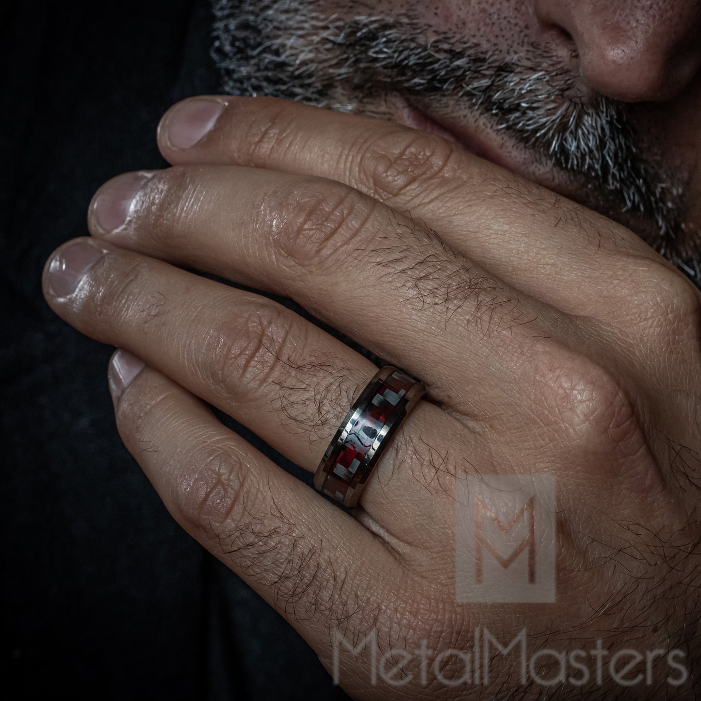 Mens Gunmetal Tungsten Carbide Ring Black Red Carbon Fiber Inlay Wedding Band 8MM