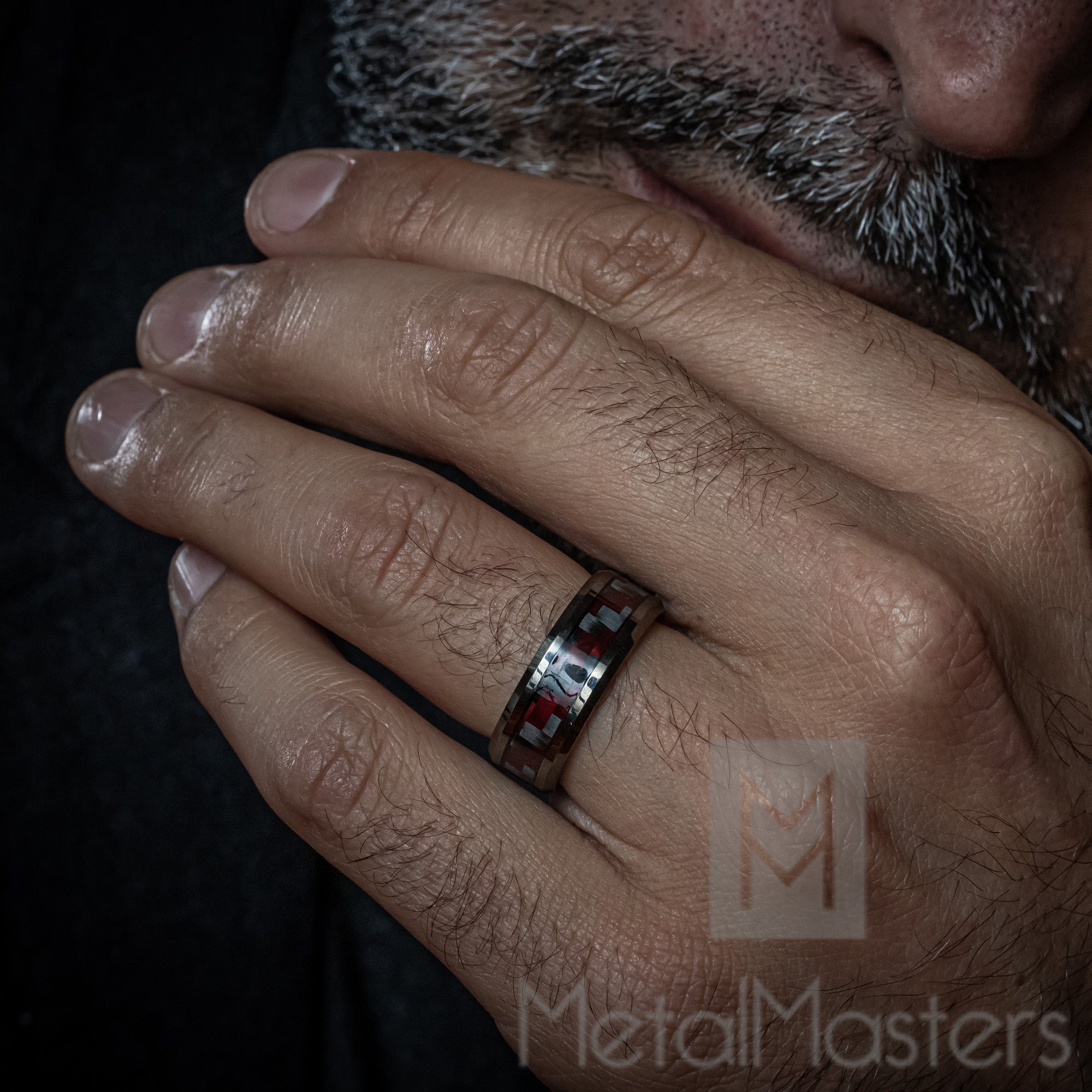 Mens Gunmetal Tungsten Carbide Ring Black Red Carbon Fiber Inlay Wedding Band 8MM