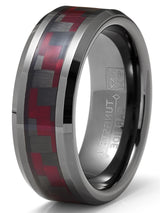 Mens Gunmetal Tungsten Carbide Ring Black Red Carbon Fiber Inlay Wedding Band 8MM