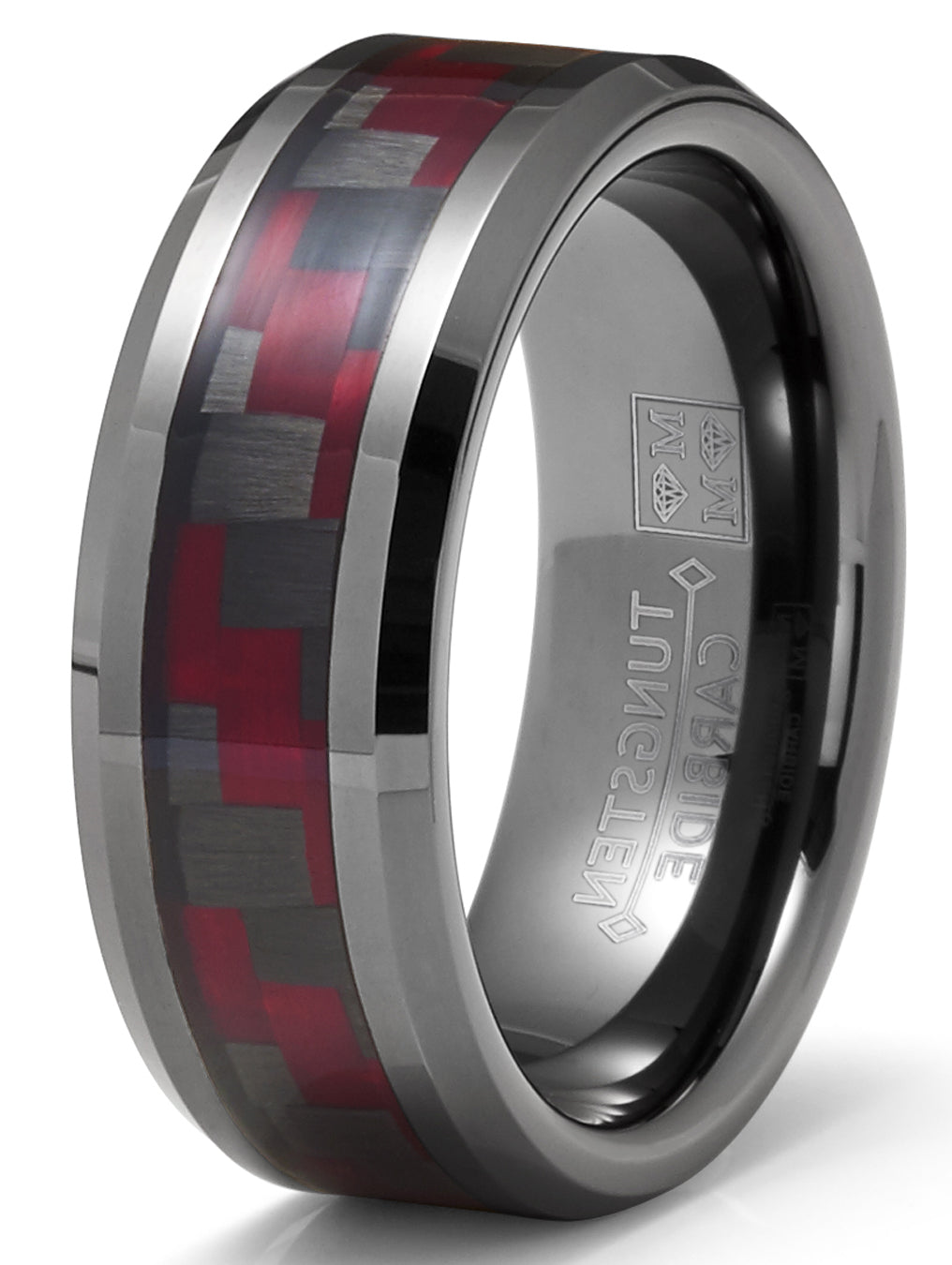 Mens Gunmetal Tungsten Carbide Ring Black Red Carbon Fiber Inlay Wedding Band 8MM